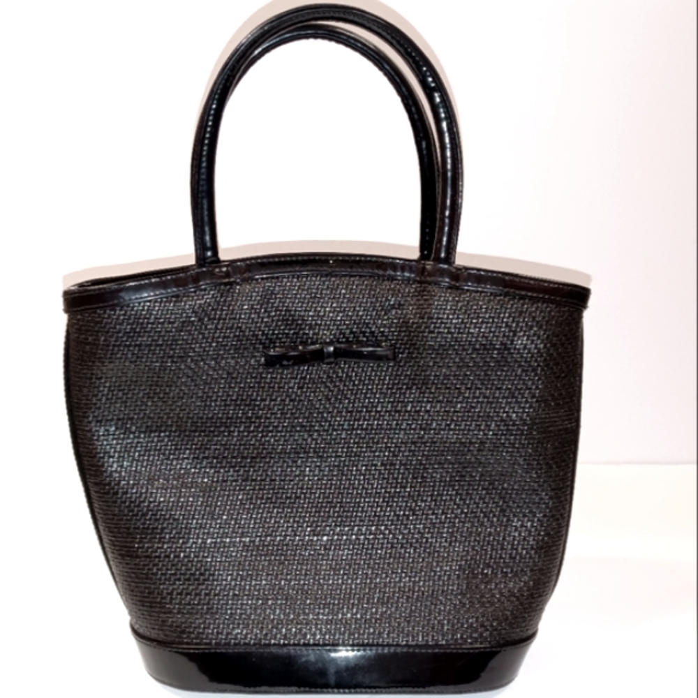 Lulu Guinness Black Vegan Patent Leather Bow Structured Tote